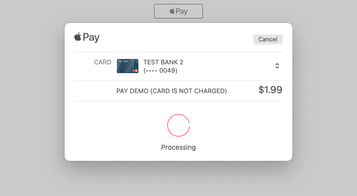 Apple Pay pop-up showing a "processing" status with a line item saying "Pay demo (card is not charged)"