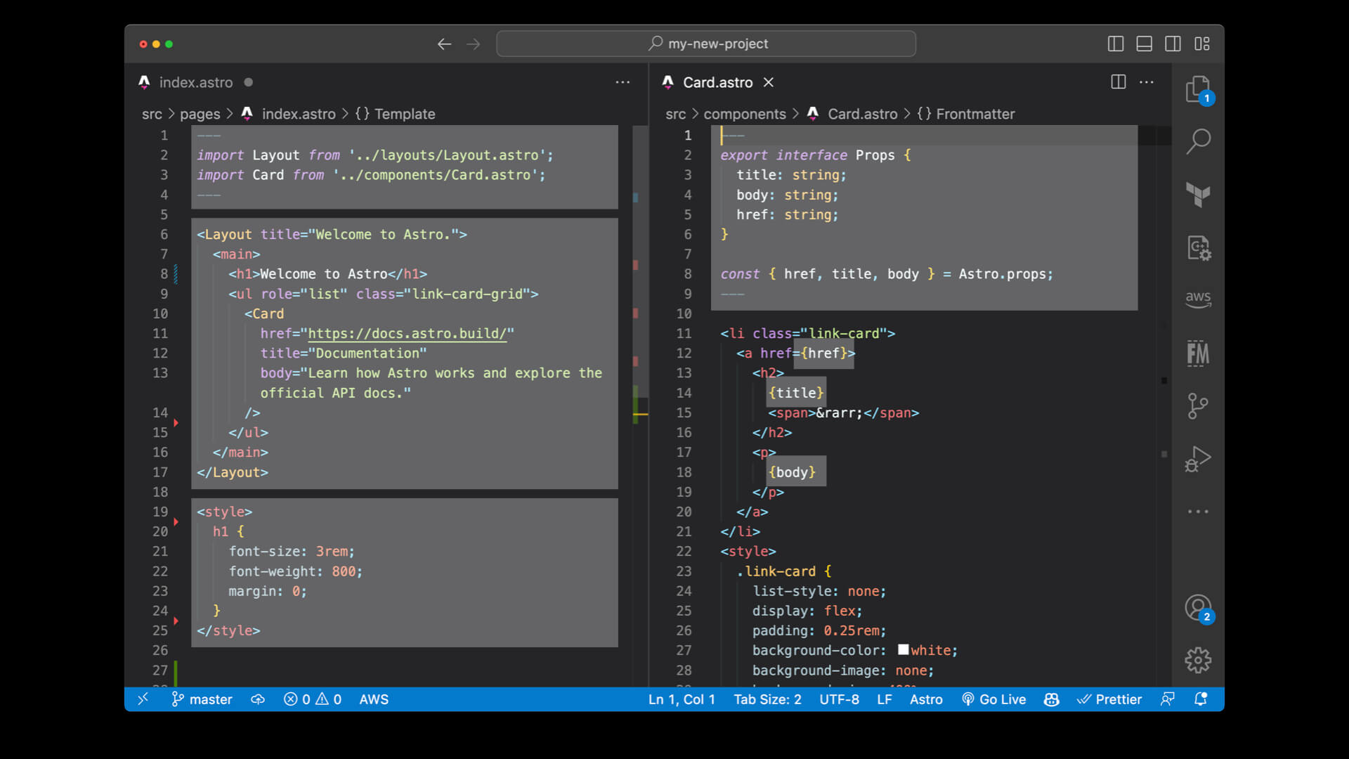 Astro page and component side by side