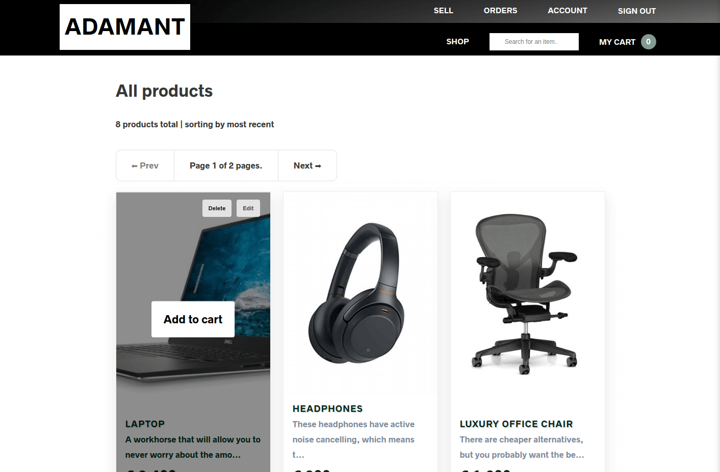 The store homepage
