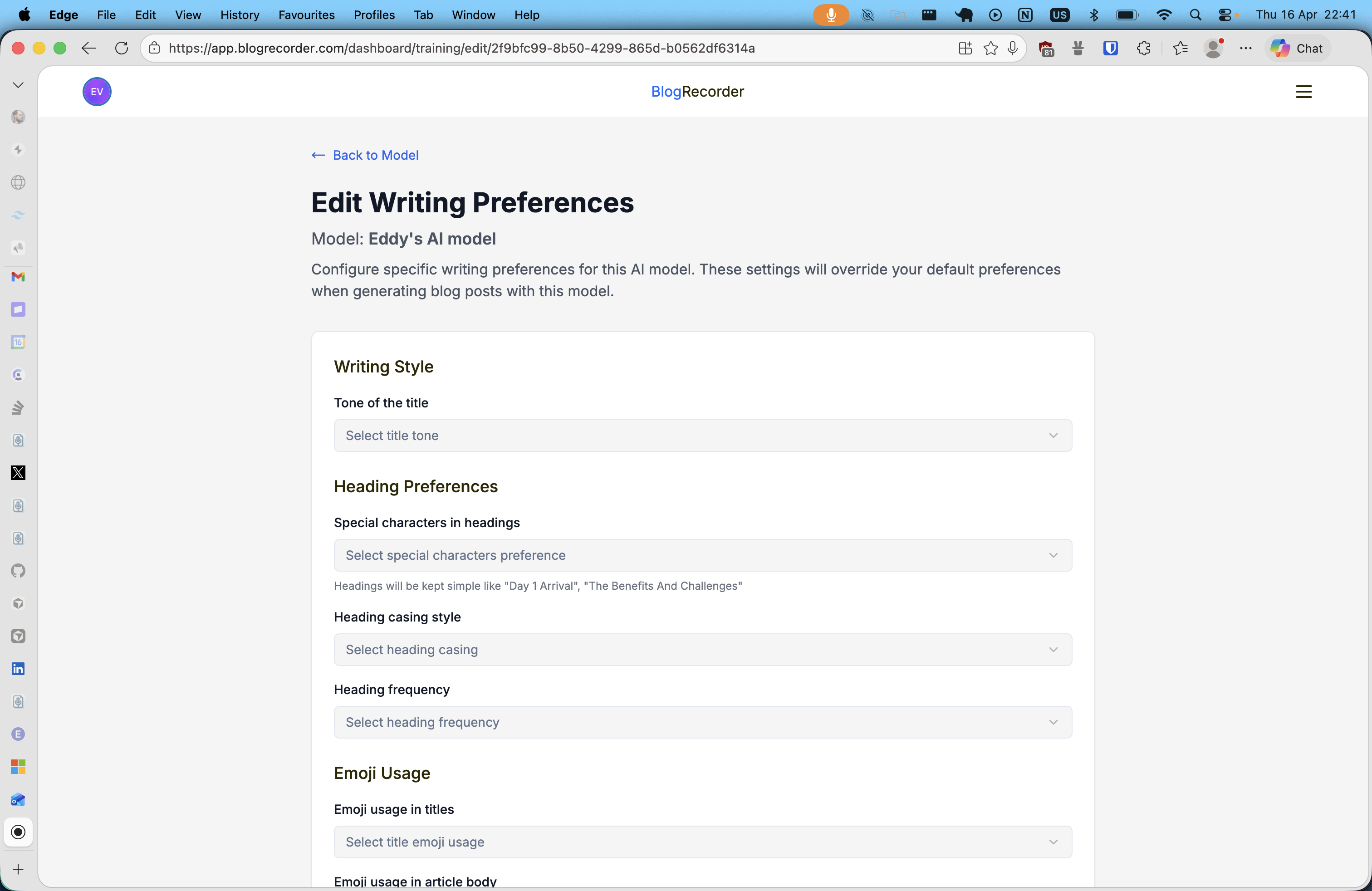Blog Recorder AI model writing preferences