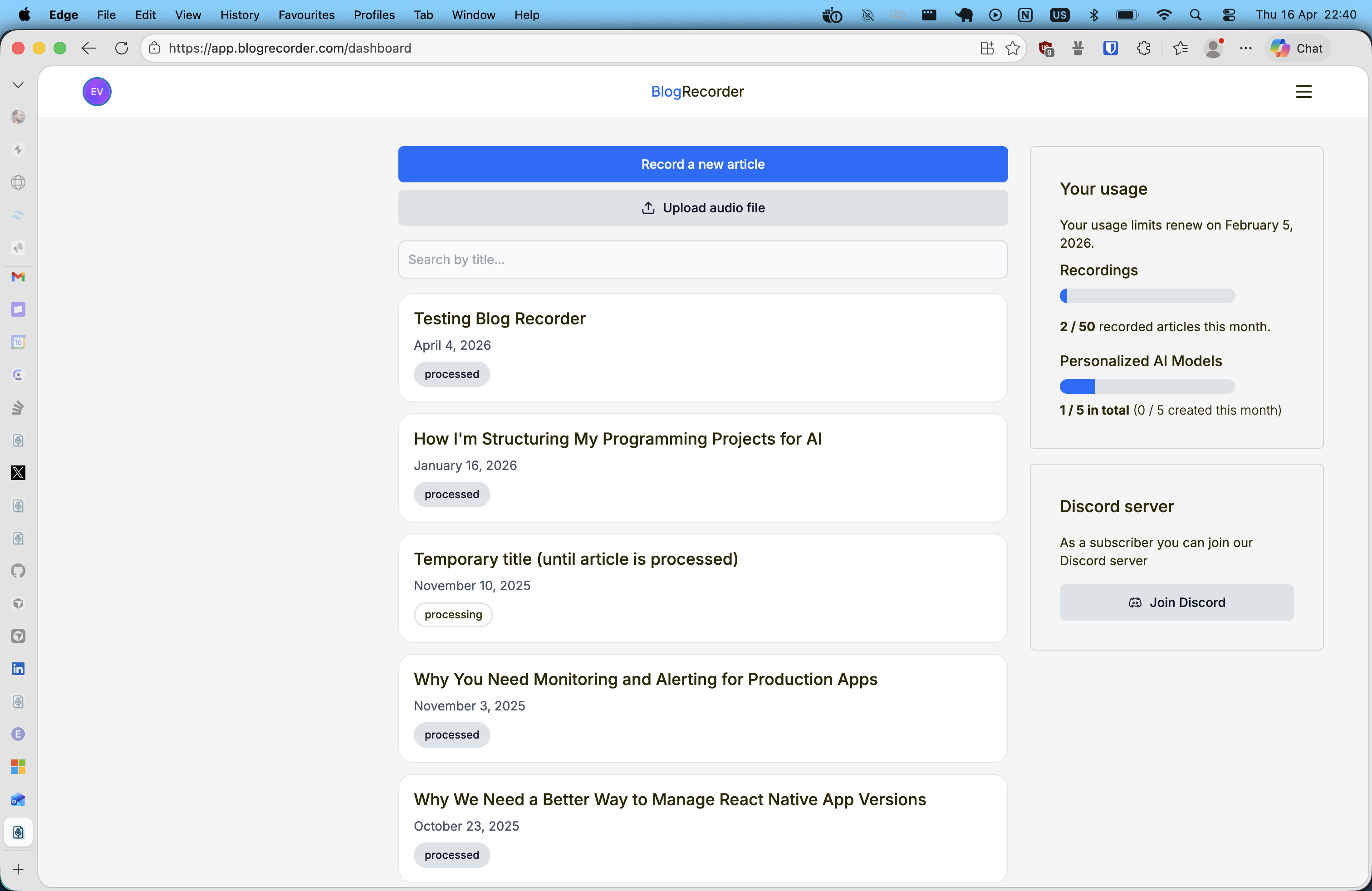 Blog Recorder dashboard