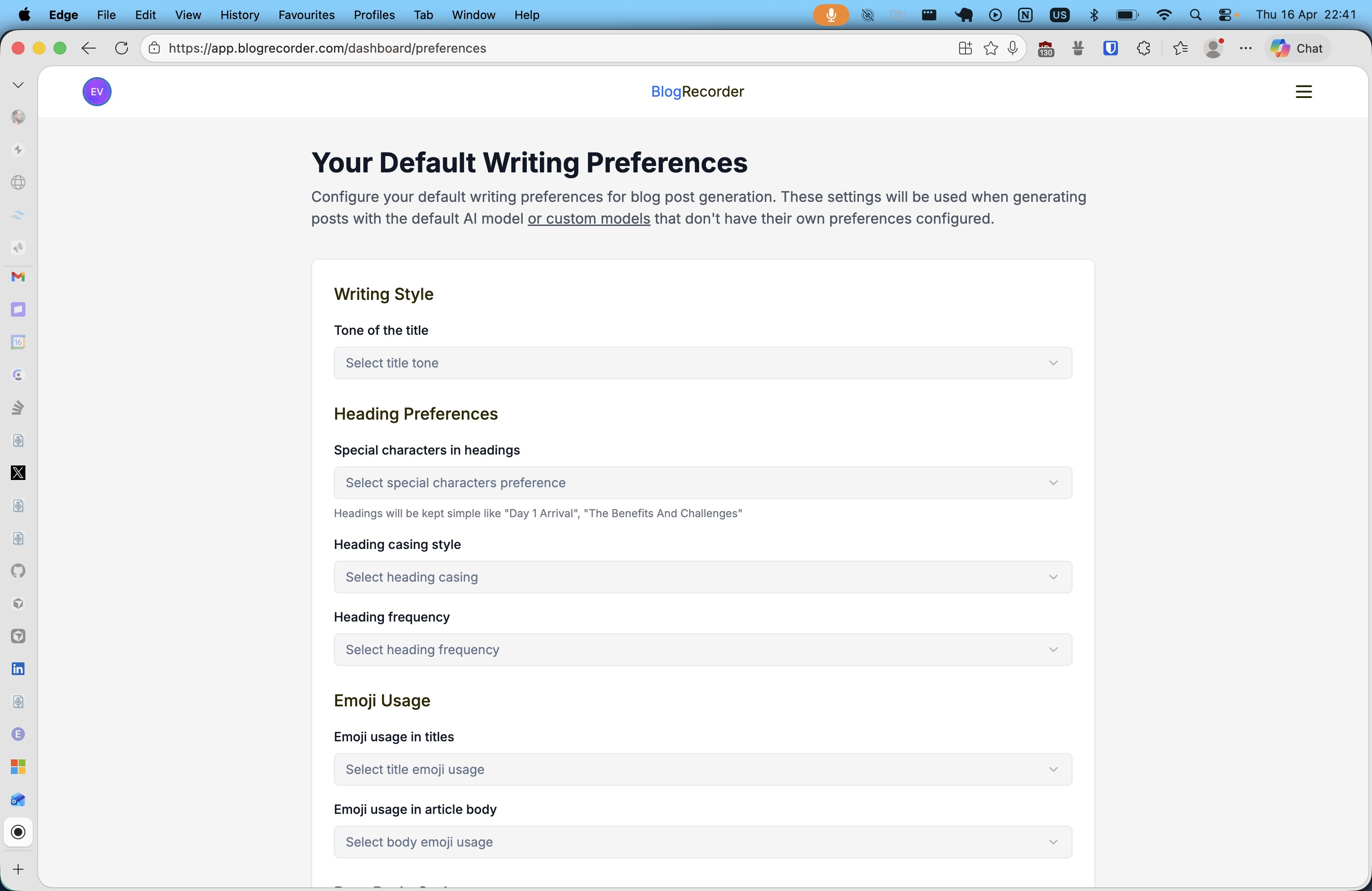 Blog Recorder default writing preferences