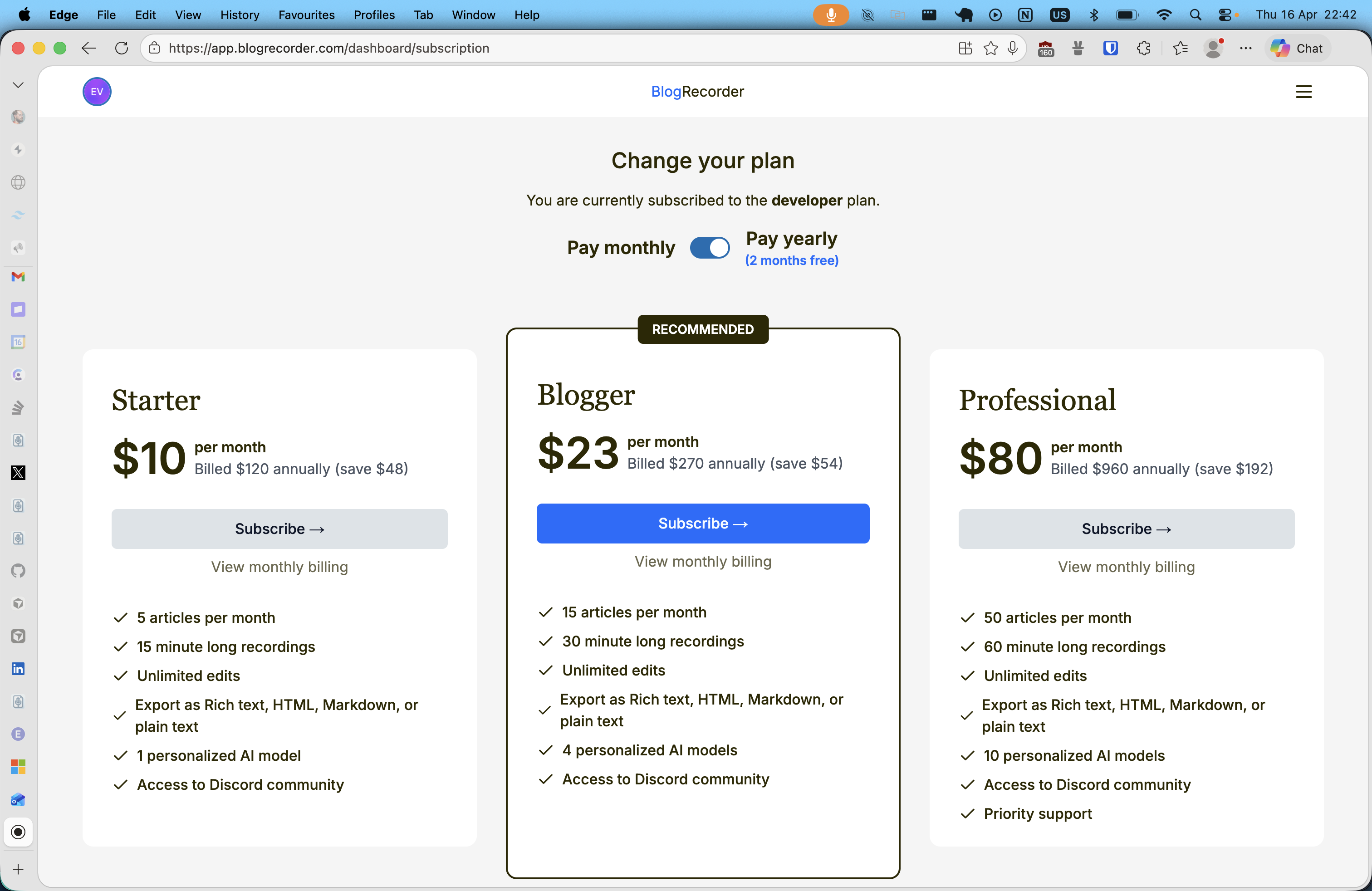 Blog Recorder subscription page