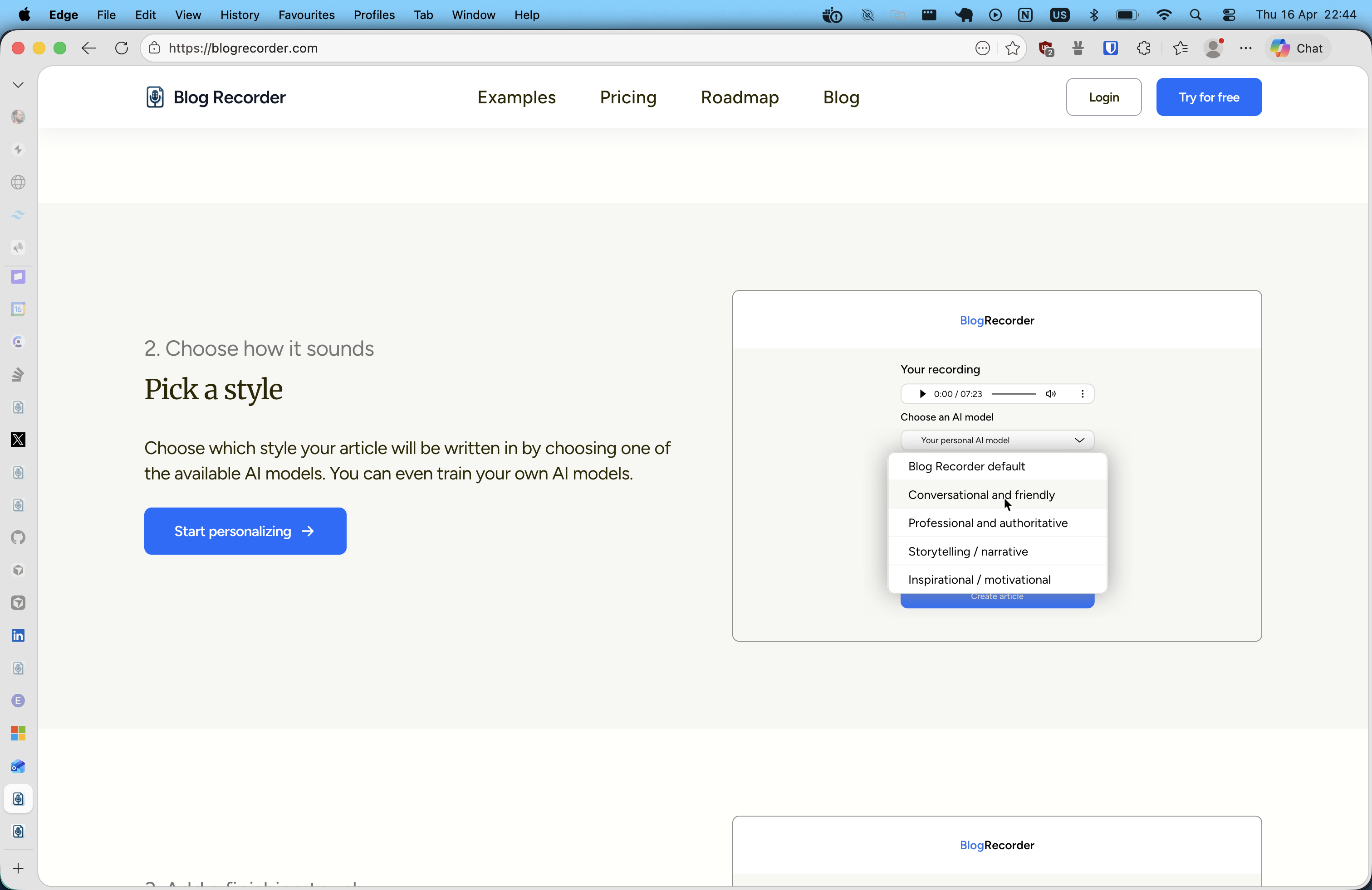 Blog Recorder marketing site how it works step 2