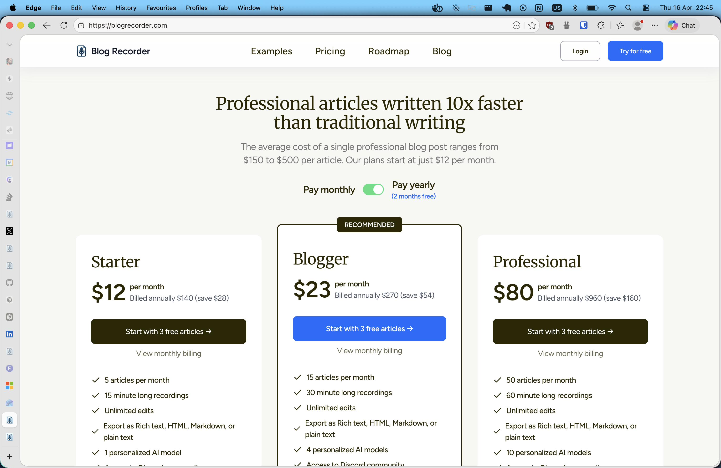 Blog Recorder marketing site pricing